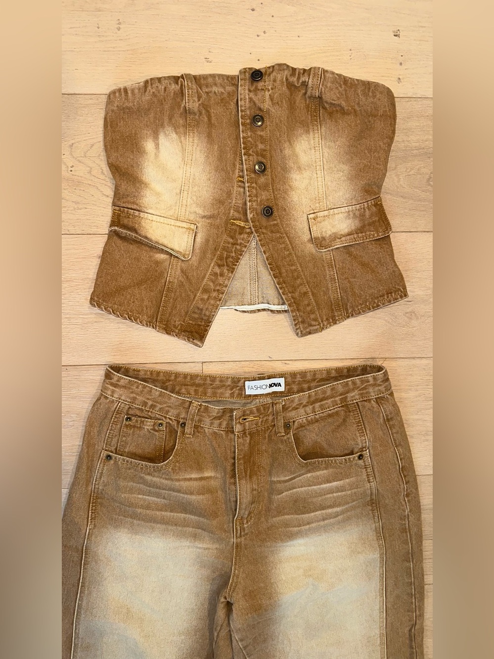 Fashion Nova Brown High-Rise Washed Denim Set